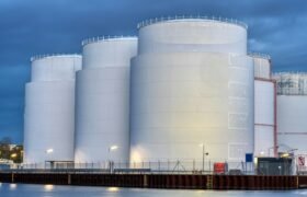 Fuel storage tanks at night