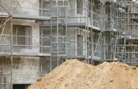 Scaffolding structure on a building. Construction architecture industry. Workplace