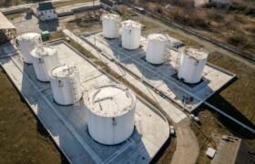 Top view of fuel oil refinery industrial factory. White cylindrical metal tanks containers
